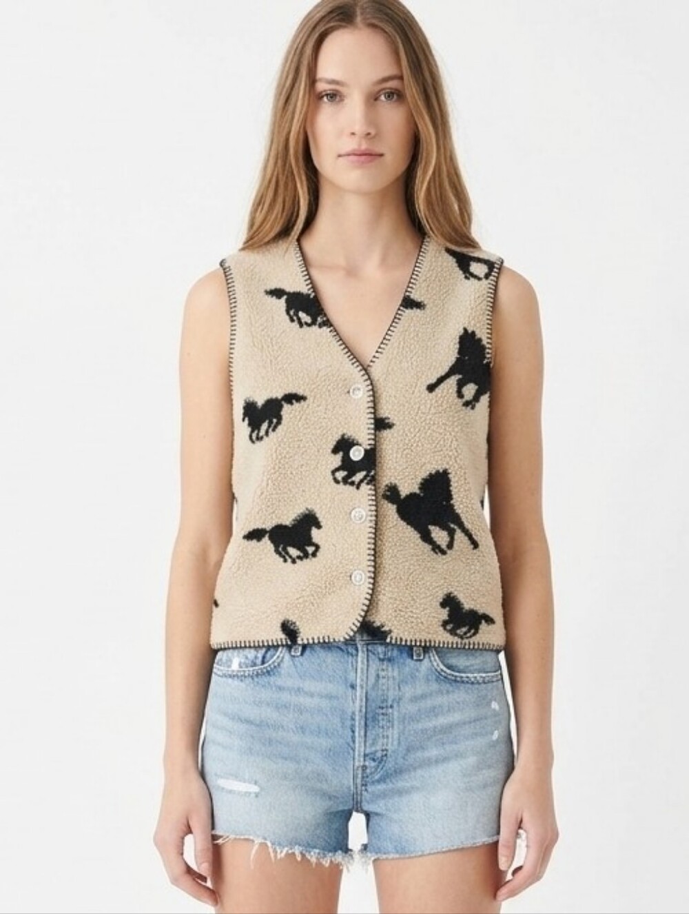 Vintage Equestrian Patterned Button-Front Sherpa Fleece Vest In Ivory/Black